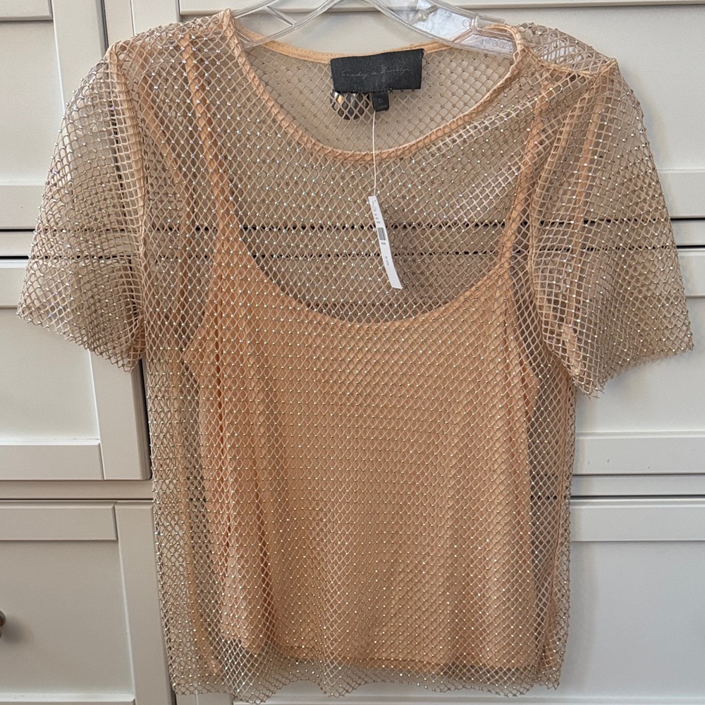 Anthropologie Tan Mesh Short Sleeve Top